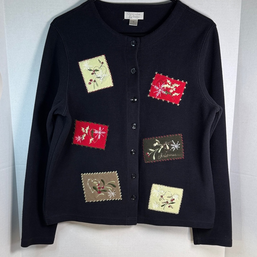Christopher & Banks Christmas Holiday Cardigan Black Waffle Sweater, Womens sz M